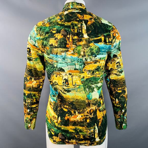 Size S Yellow Green Italy Print Cotton Button Down Collar Long Sleeve Shirt - Picture 4 of 6